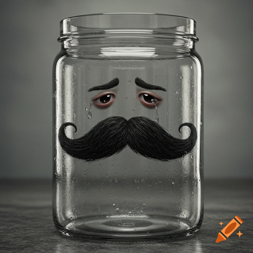 A hyperrealistic photo of a sad sentient black handlebar mustache crying inside a glass jar.