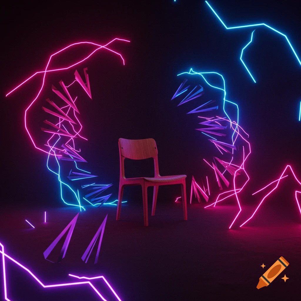 A chair surrounded by pink and blue neon lines and geometric shapes in a dark void.