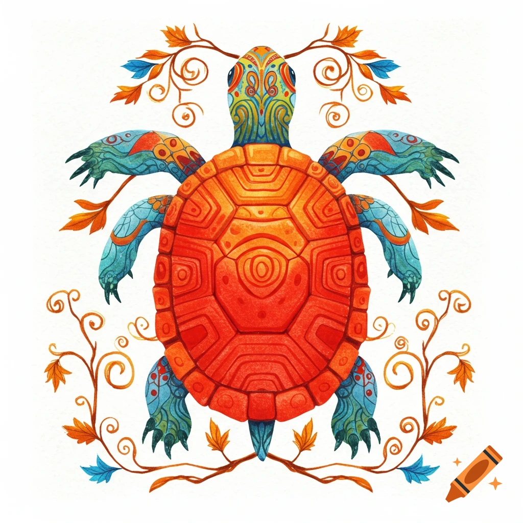 A stylized watercolor illustration of a vibrant turtle with ornate patterns and surrounding autumn leaves.