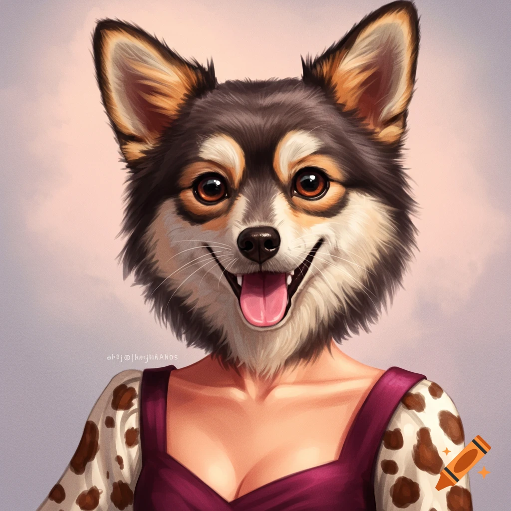 An anthropomorphic dog woman in a deep red dress, smiling at the viewer.