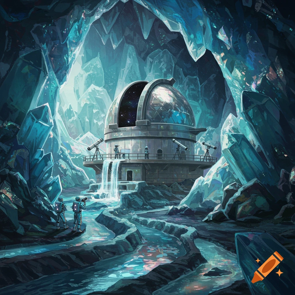 An observatory inside a luminous blue crystal cave with explorers and a river flowing through it.