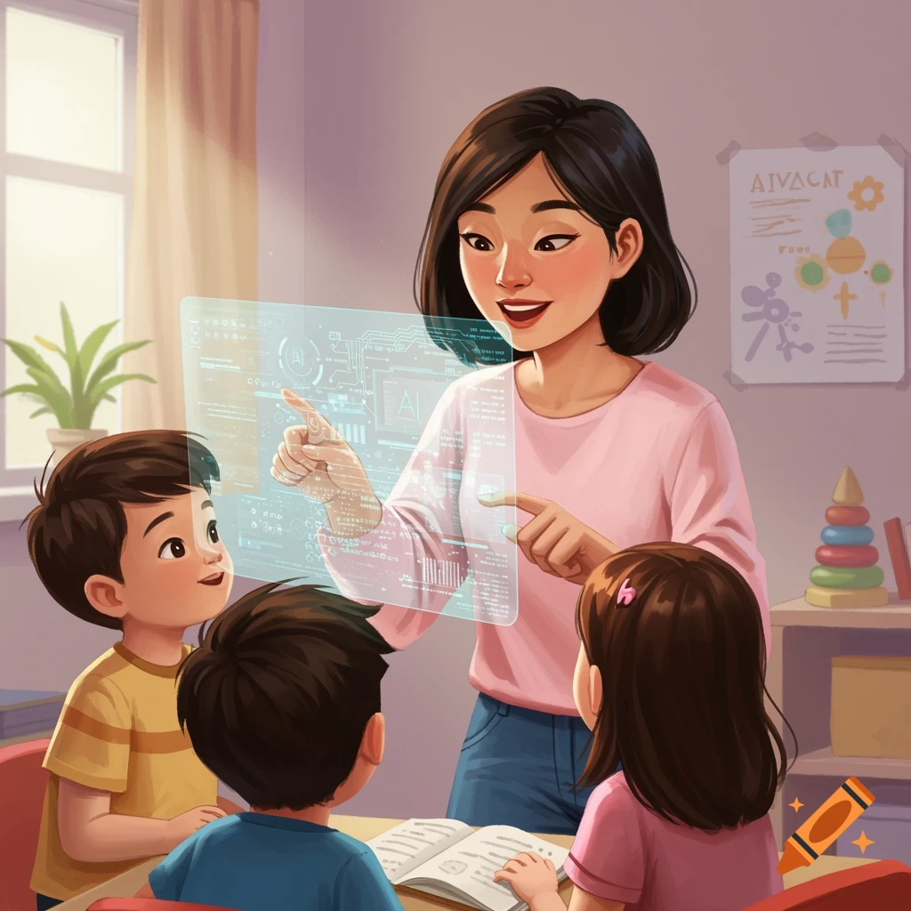 Asian teacher showing a holographic AI screen to two children in a bright classroom.