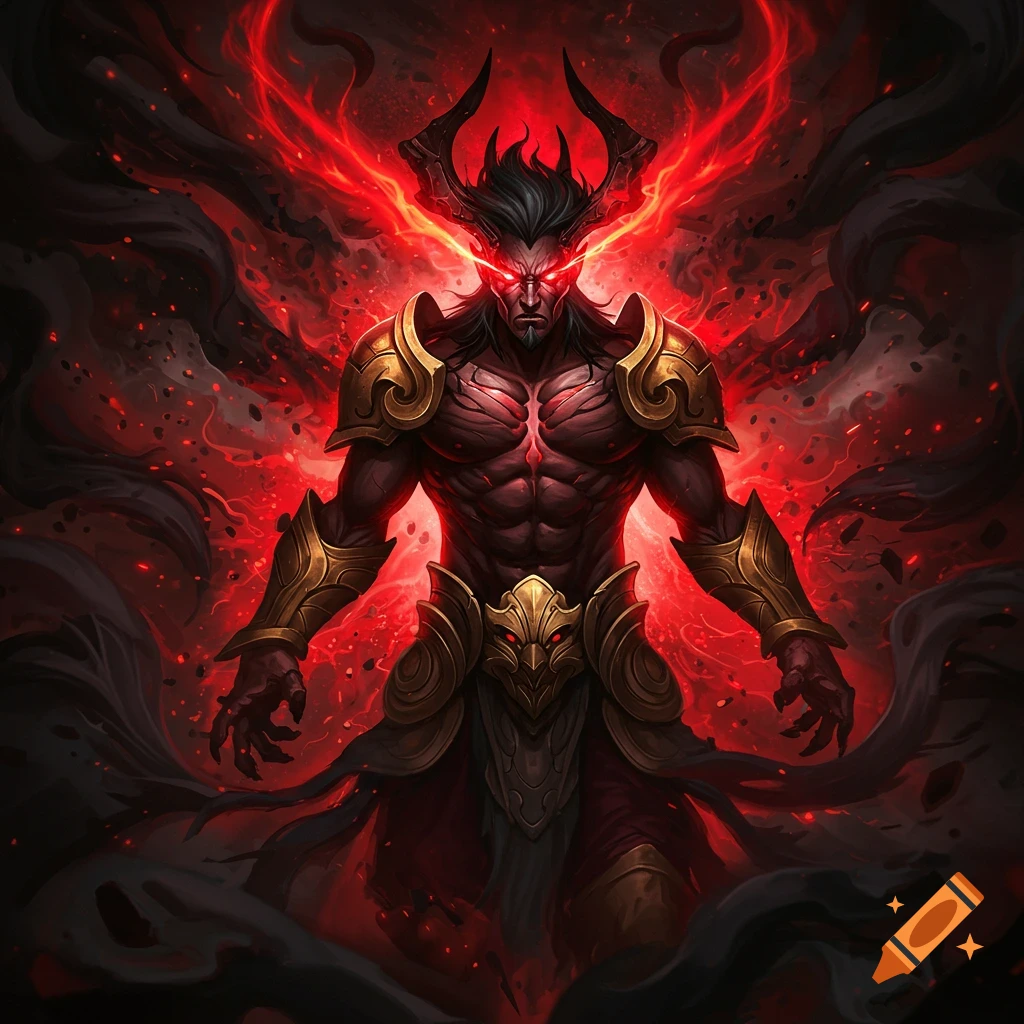 A powerful, dark figure with glowing red eyes and horns, surrounded by red light and black smoke, wearing golden armor.