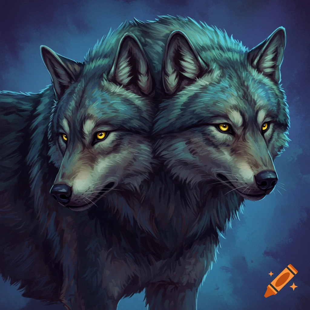 A two-headed wolf with glowing yellow eyes against a dark blue background.