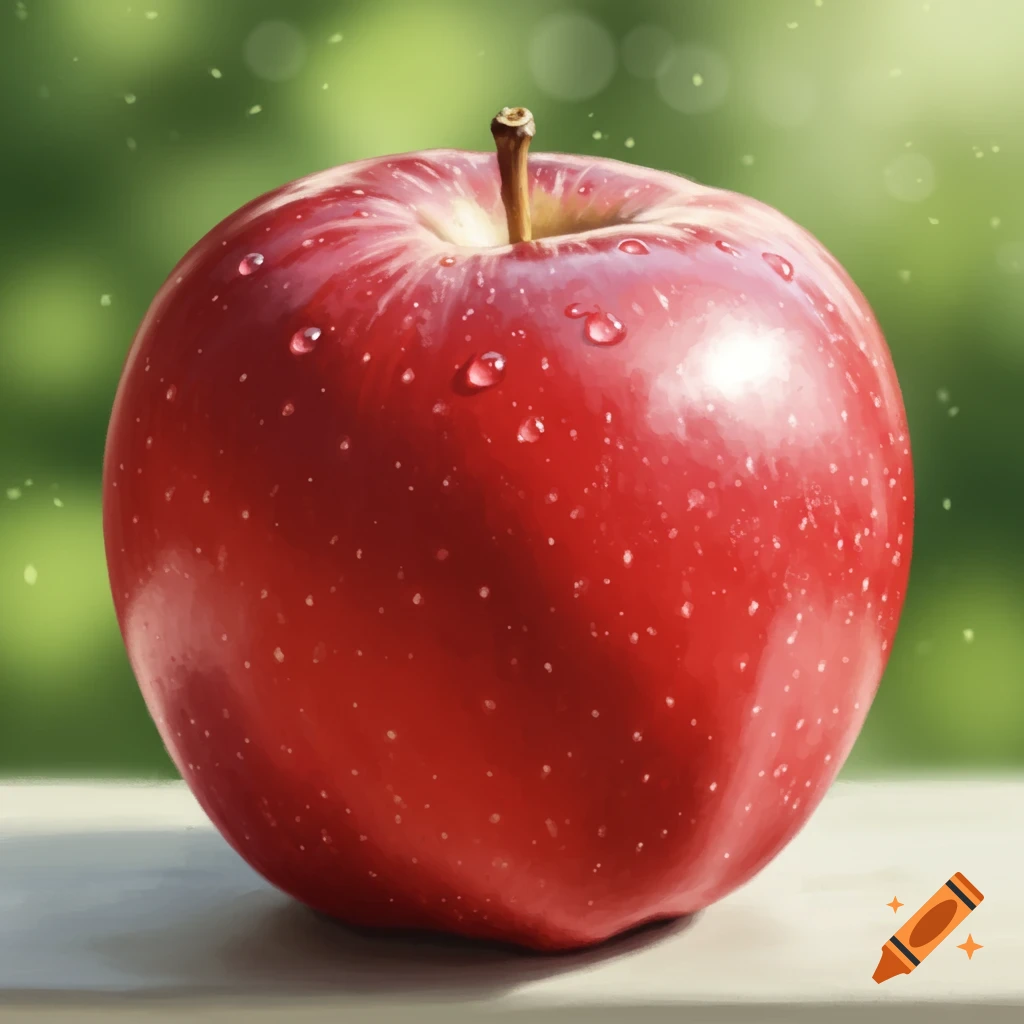 A red apple with water droplets on a blurry green background.