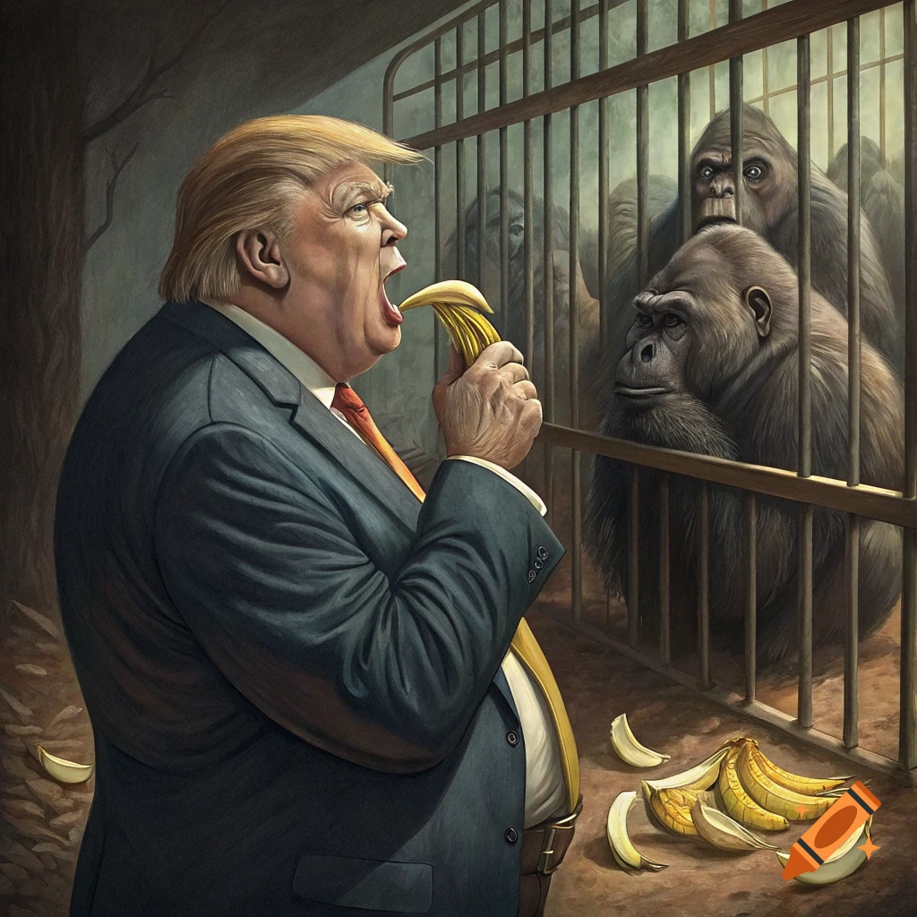 Caricature of Donald Trump eating a banana outside a cage with gorillas.
