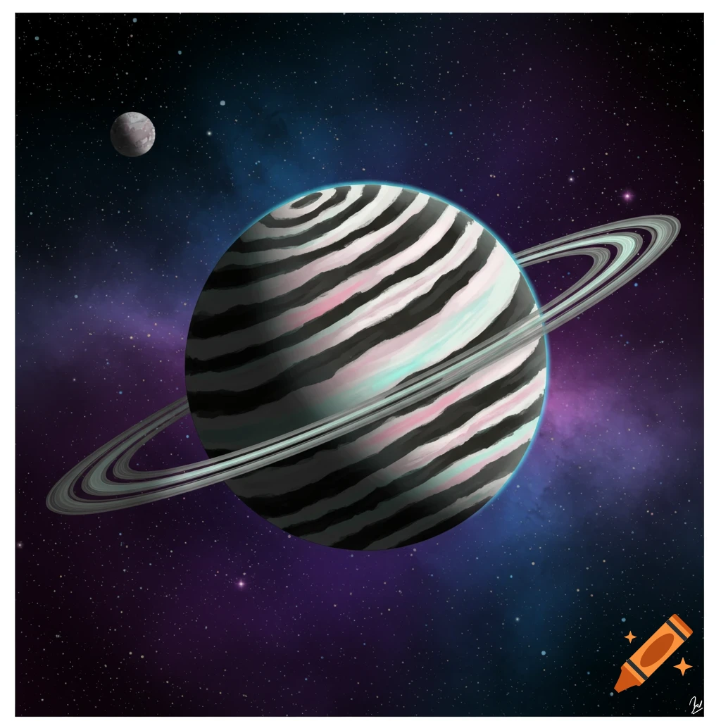 A zebra-striped planet with rings and a moon in a starry space background.