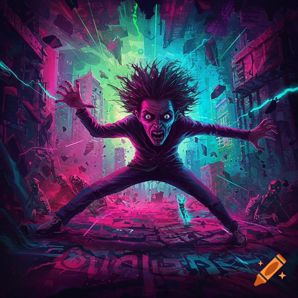 Distorted figure reaches out in chaotic, neon cyberpunk city street.