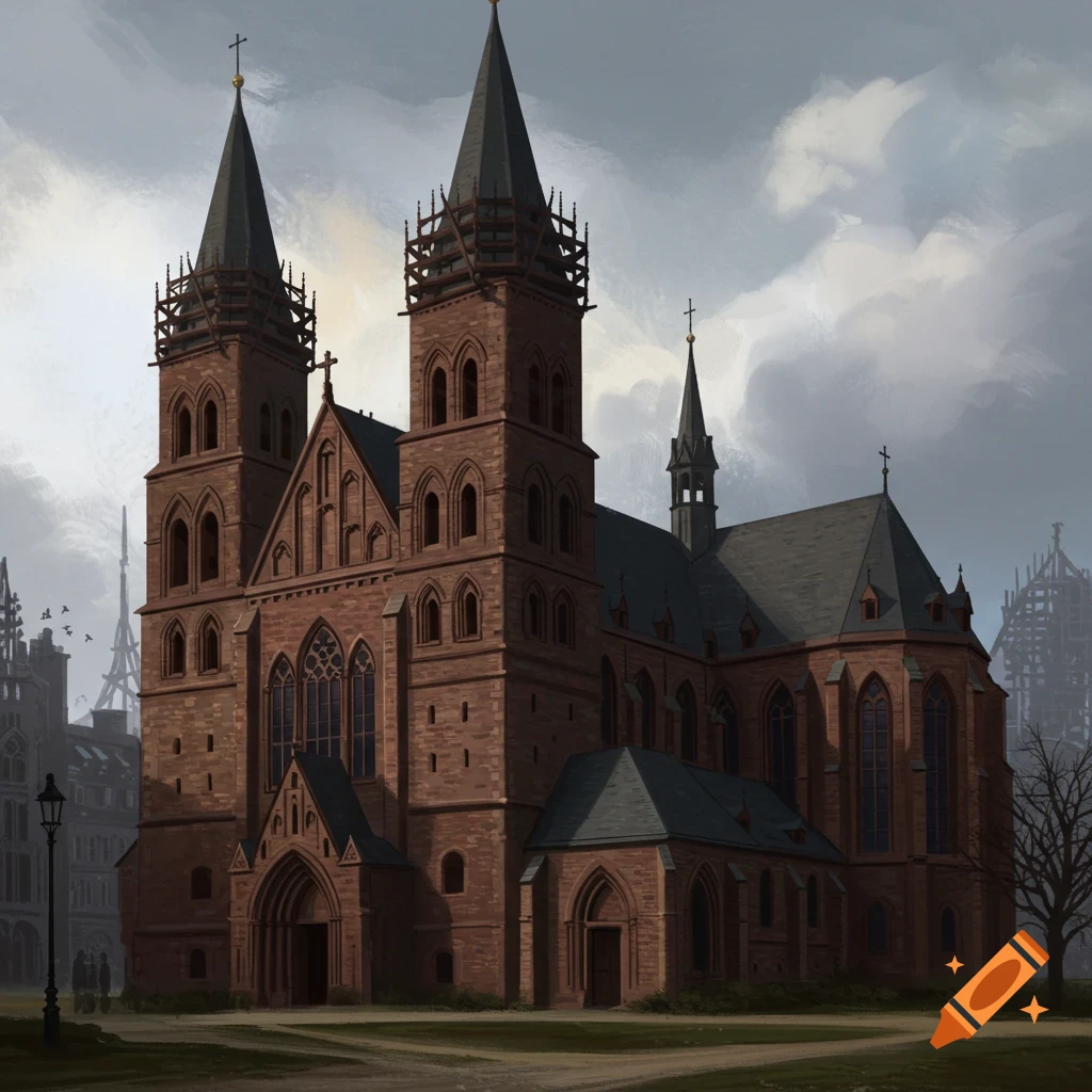 A large gothic red brick cathedral with two unfinished spires under a cloudy sky.