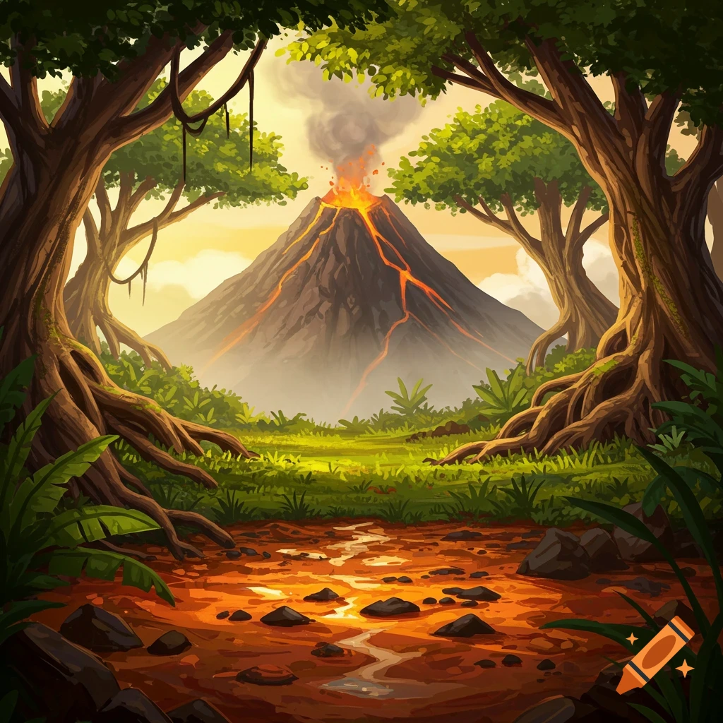 A tropical volcanic island with tall trees, a lava stream, and lush green grass.