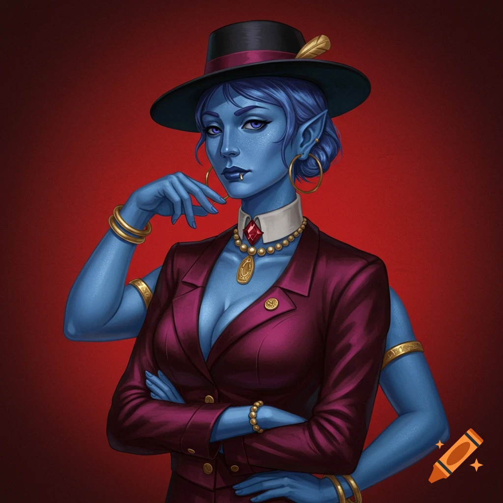 A blue-skinned humanoid woman with elf ears wears a maroon suit, hat, and jewelry, crossing two arms, with others visible.