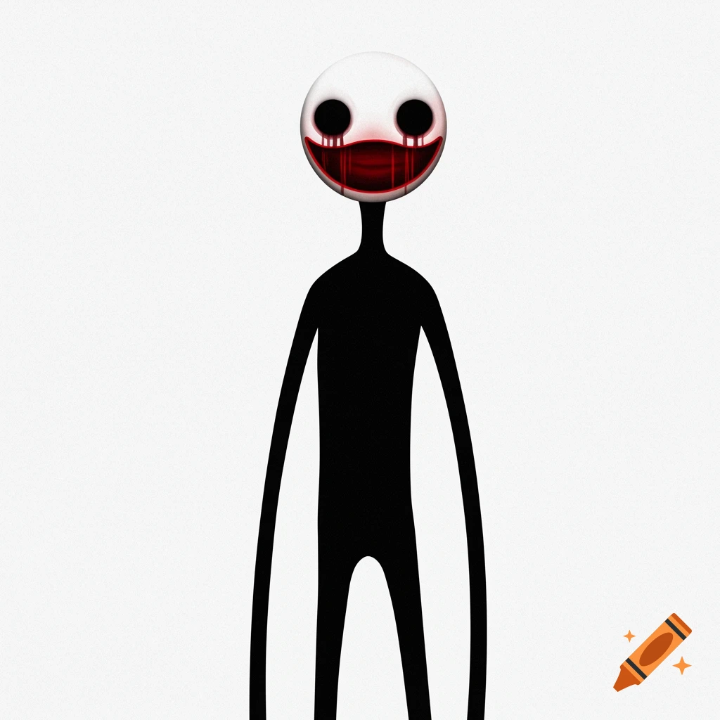 A minimalist black stick figure with an elongated body and a large, red, dripping smile on a white background, in a surreal style.