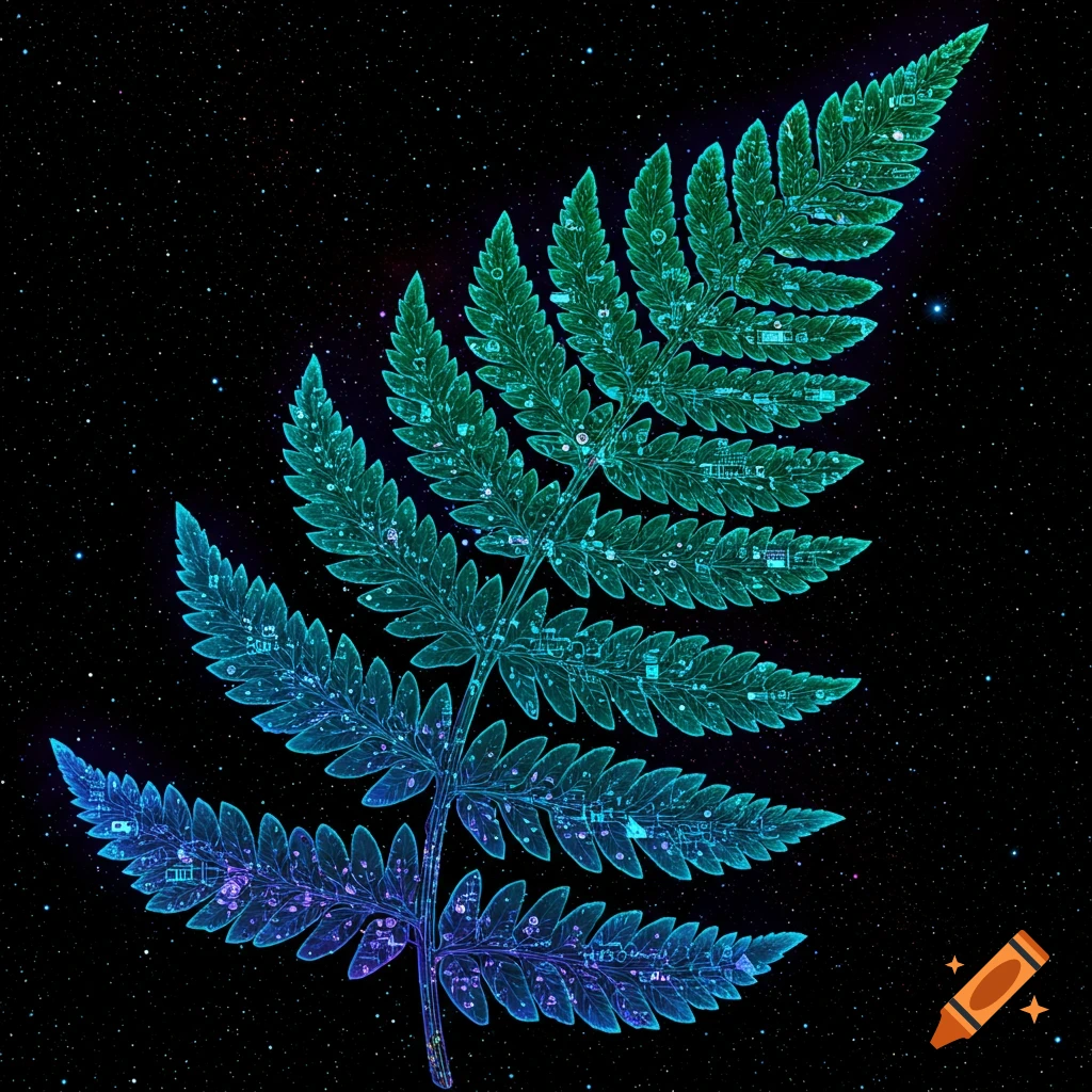 A fern leaf made of sci-fi circuits against a starry space background.