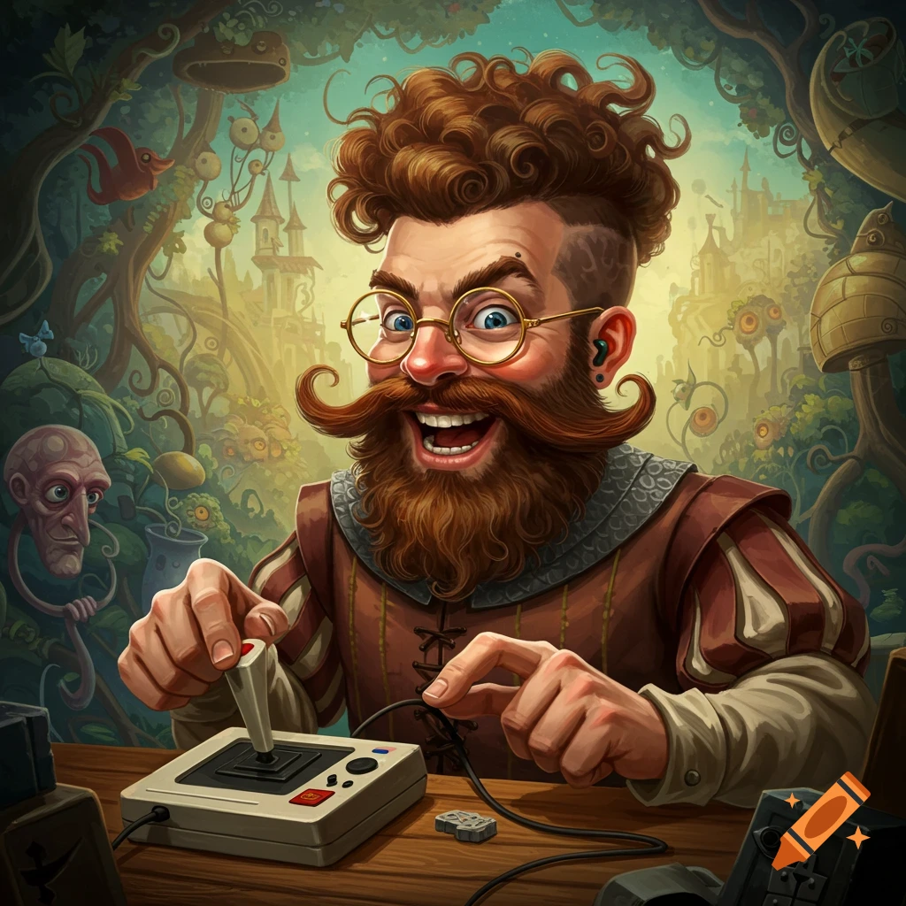 A man with a beard, mustache, and glasses plays a video game in a surreal fantasy world.