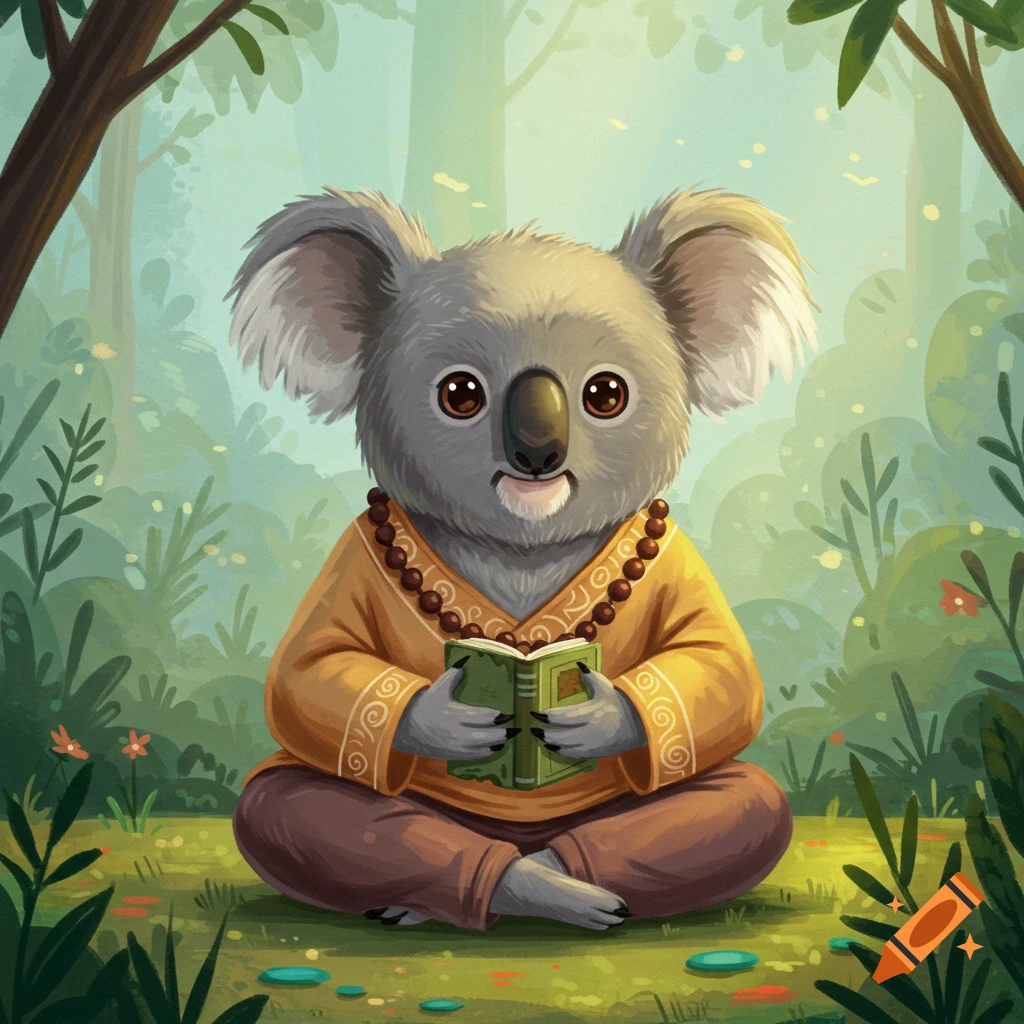 A koala in a robe and beads sits cross-legged in a forest, engrossed in a book.