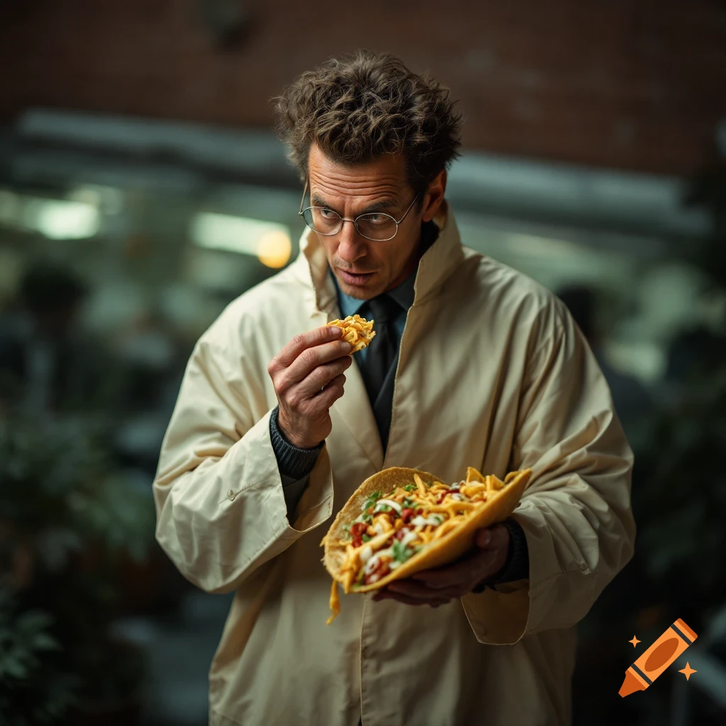 Man in a raincoat eating a taco