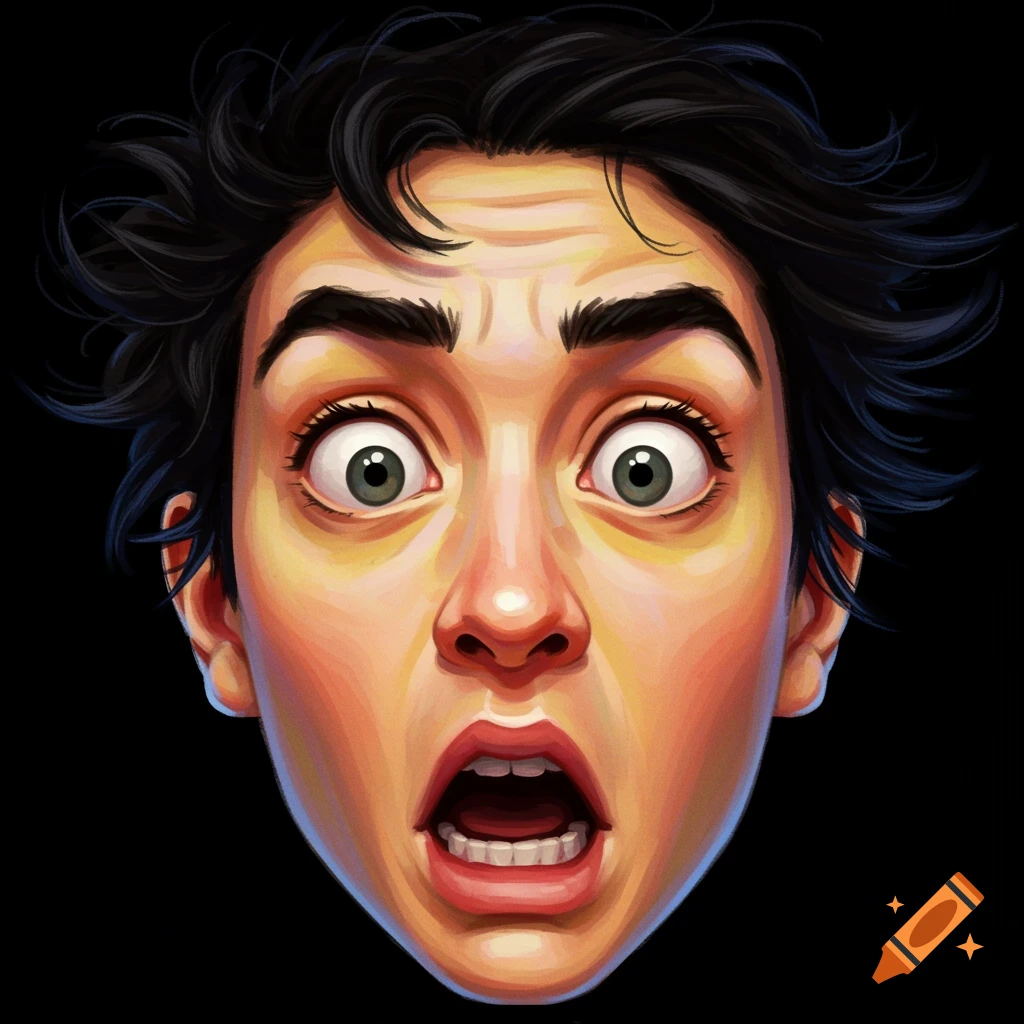 A person's face with wide eyes and open mouth showing shock or surprise.