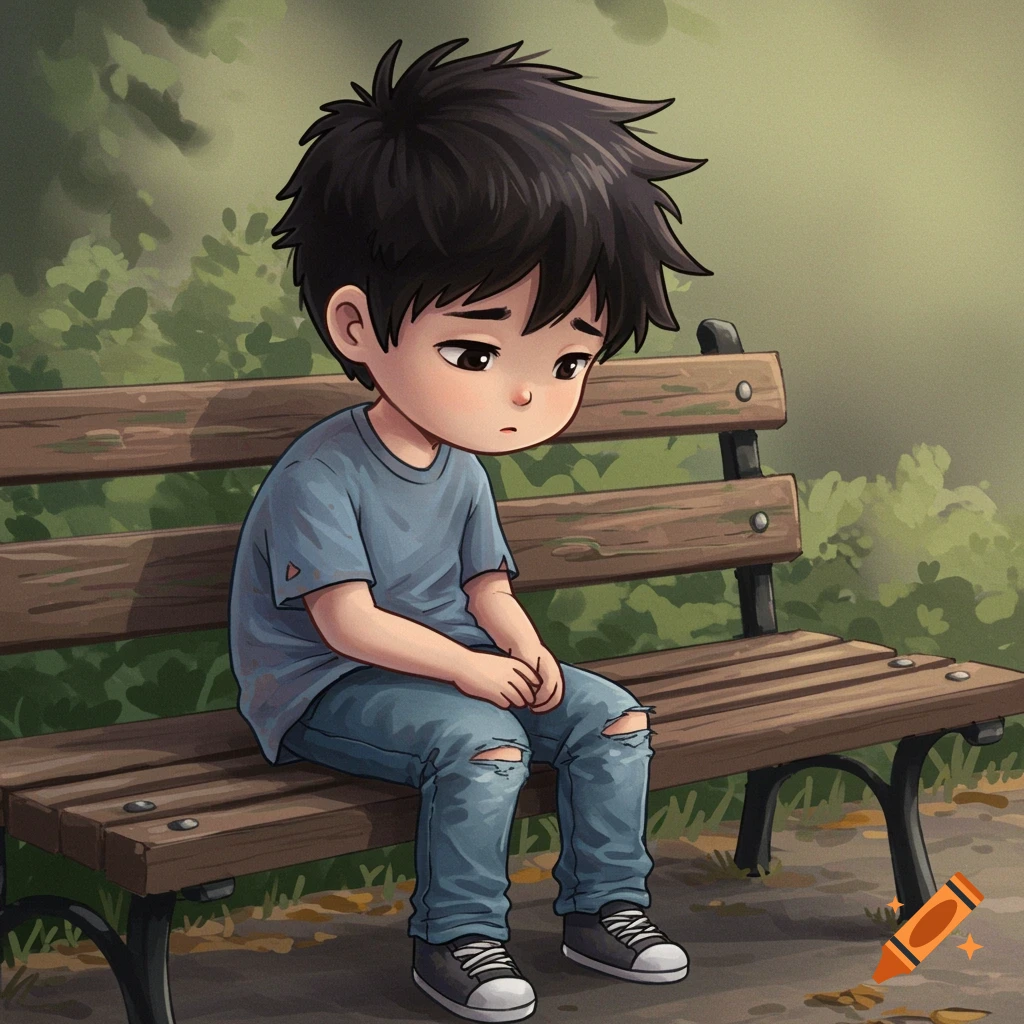 Anime-style illustration of a sad young boy sitting alone on a park bench.