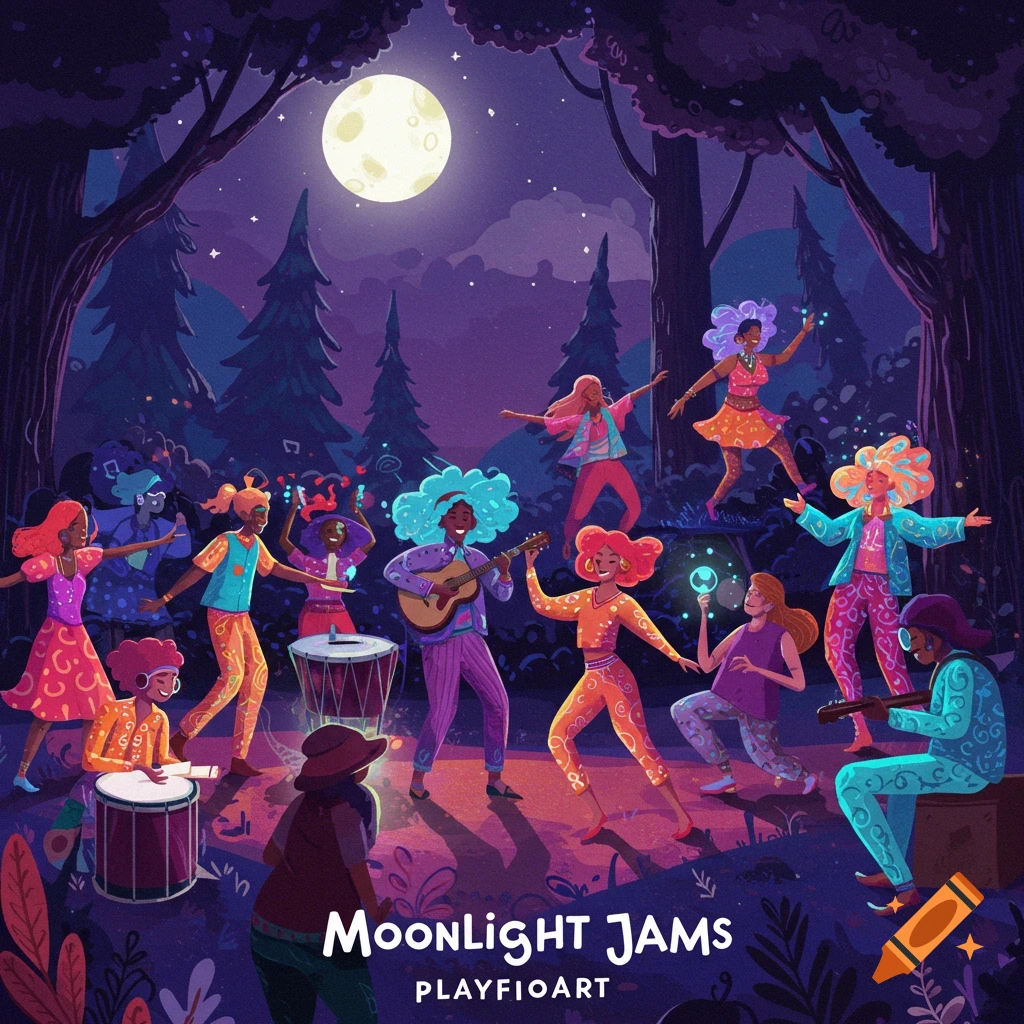 Stylized illustration of diverse people dancing and playing music in a forest at night under a full moon. Text says Moonlight Jams.