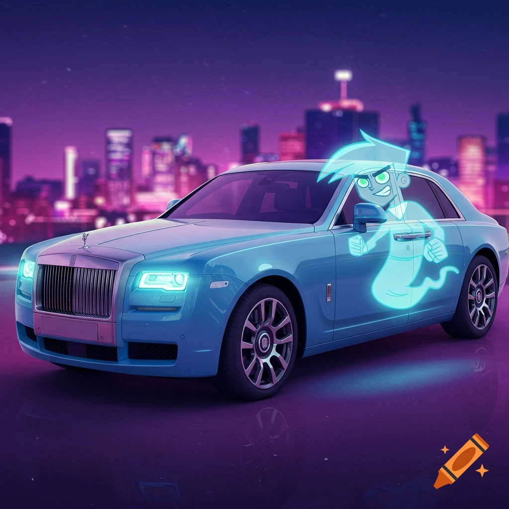 A cartoon ghost character emerges from a blue Rolls-Royce Ghost car in a city at night.