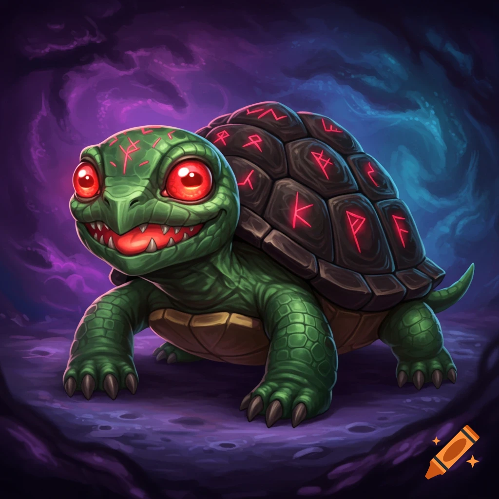 A small green demon turtle with red eyes, a wide grin, and glowing red runes on its shell.