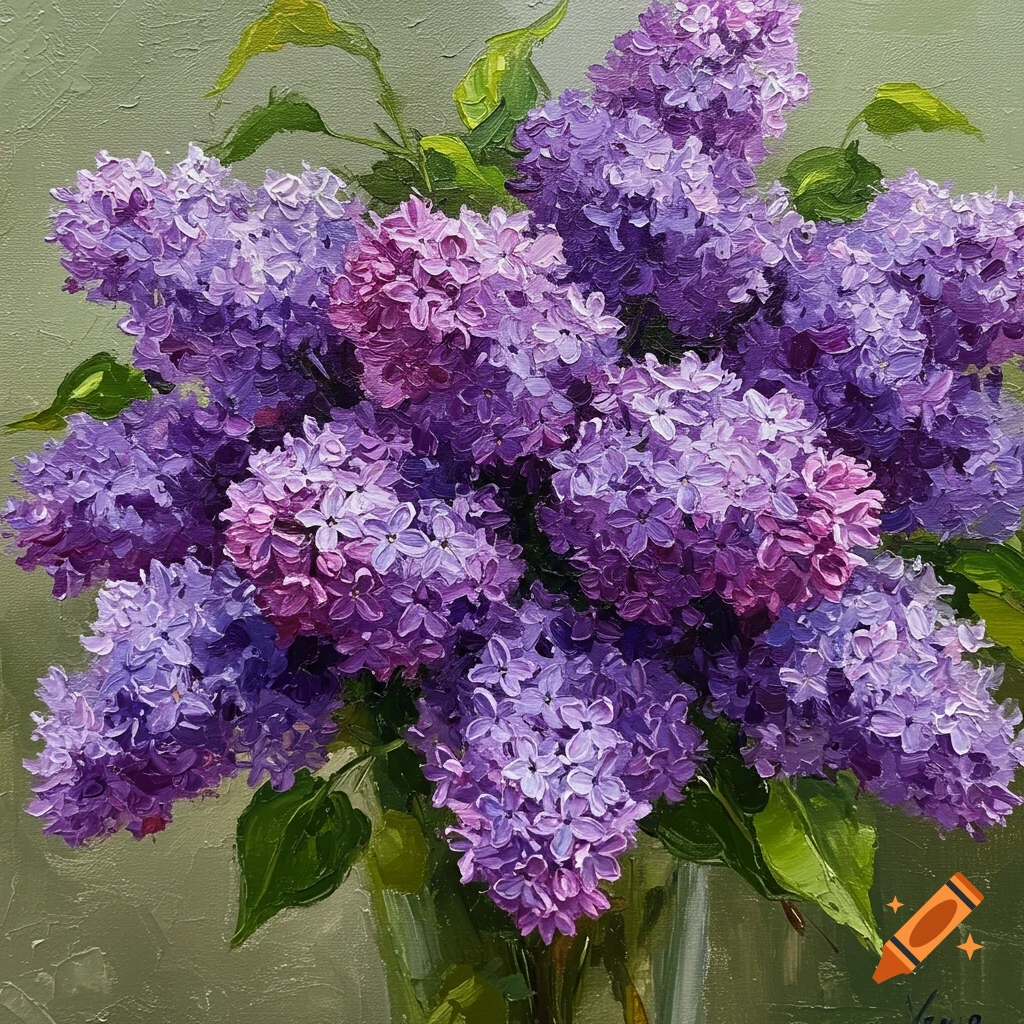 Oil painting of a large bunch of purple lilac flowers in a vase