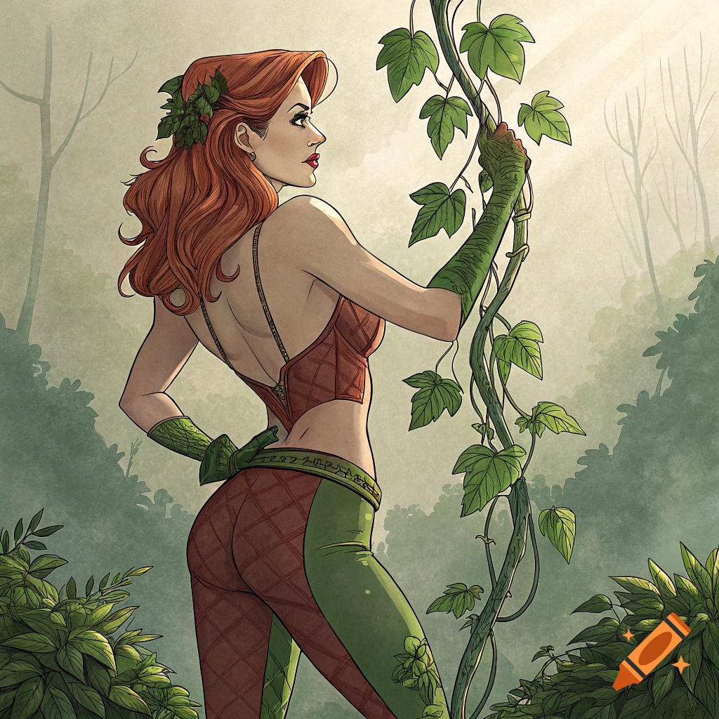 Comic art of a woman with red hair in a green and red outfit, pulling on a vine in a forest.
