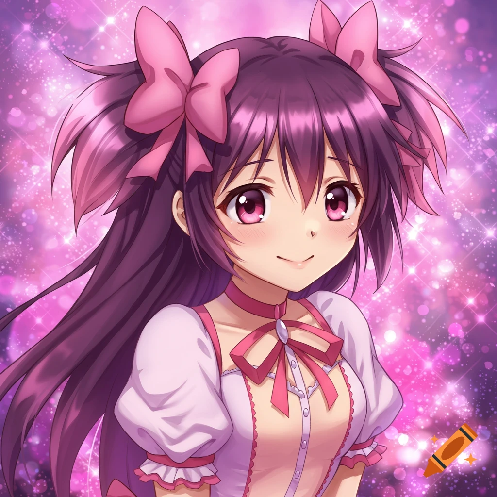 Anime portrait of a girl with purple hair, pink bows, and a ruffled dress against a sparkling background.