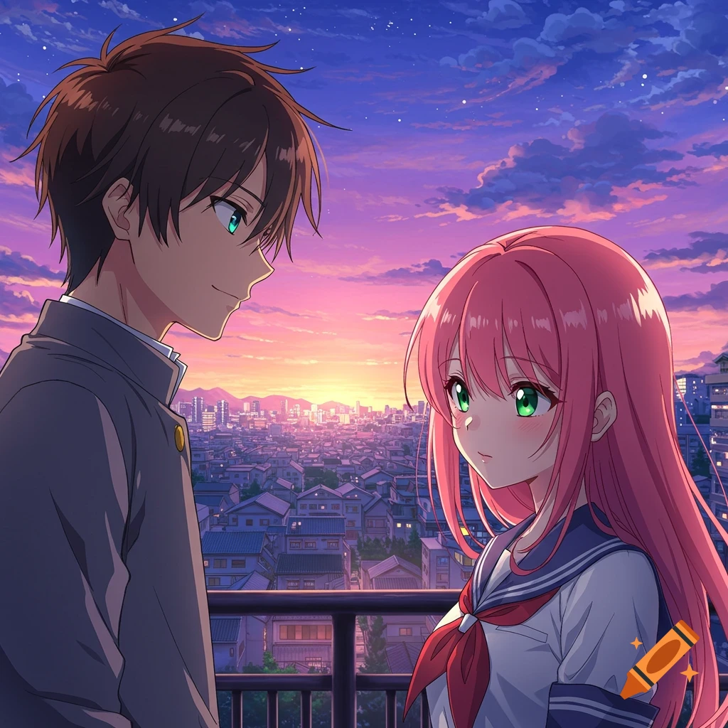 An anime couple stands on a balcony overlooking a city at sunset