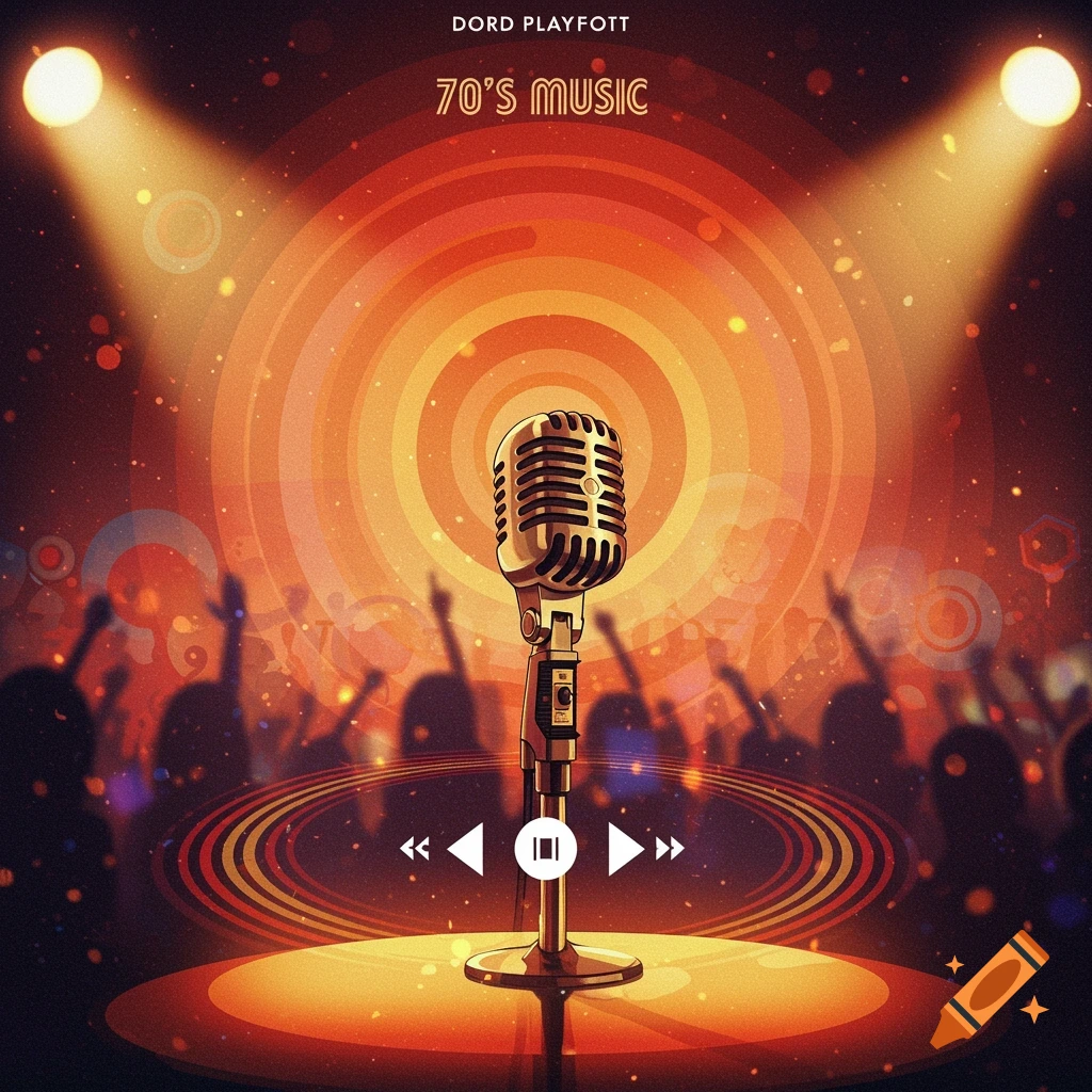 Vintage microphone on a stage with lights and a blurred crowd in a 70s style.
