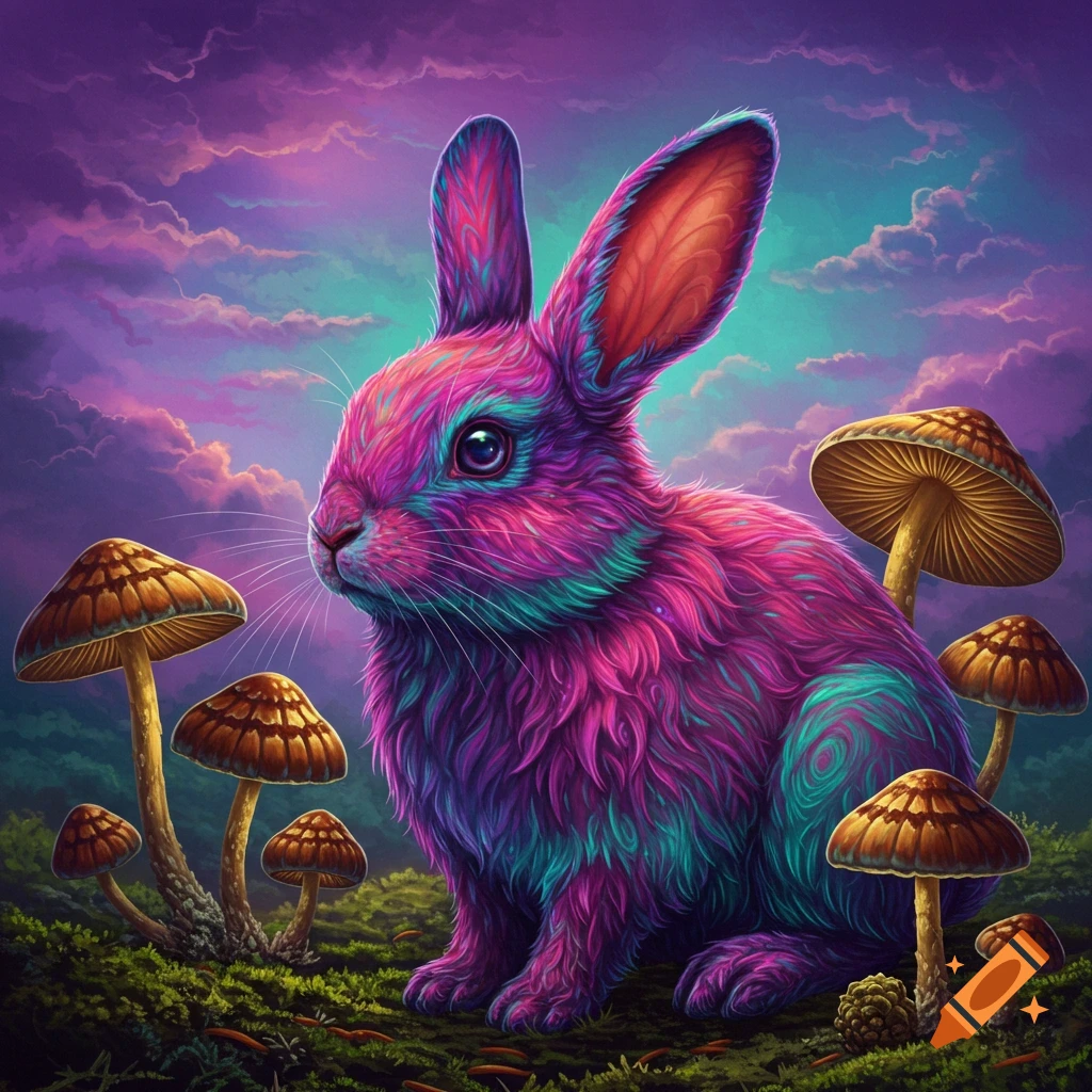 A psychedelic image of a brightly colored bunny sitting amongst mushrooms under a vibrant sky.