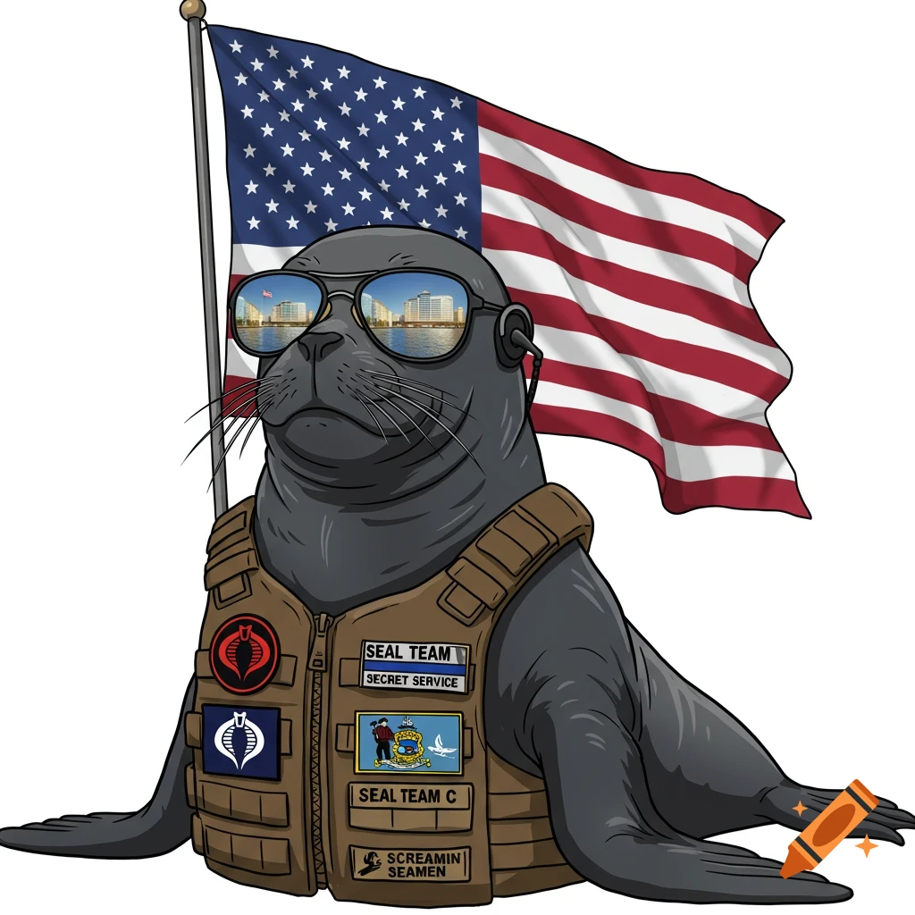 A cartoon seal wearing a tactical vest and sunglasses stands in front of a waving American flag.