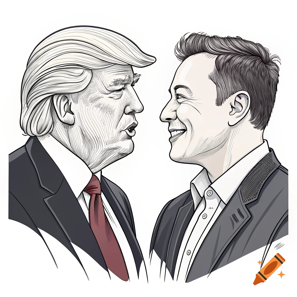 Line art portraits of Donald Trump and Elon Musk side-by-side