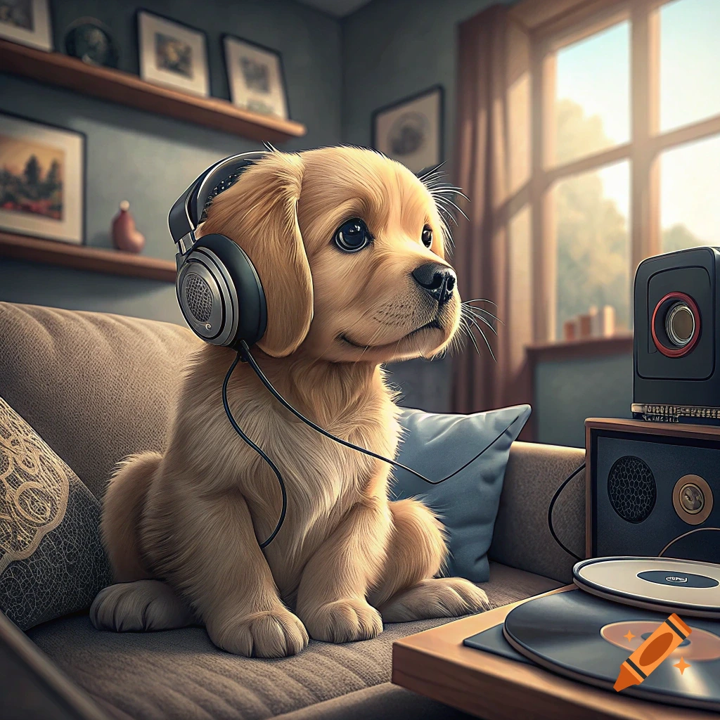 A cute golden retriever puppy sits on a couch wearing headphones, next to a record player.