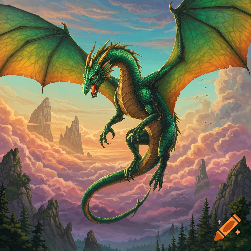 A green dragon flying high above clouds and mountains.