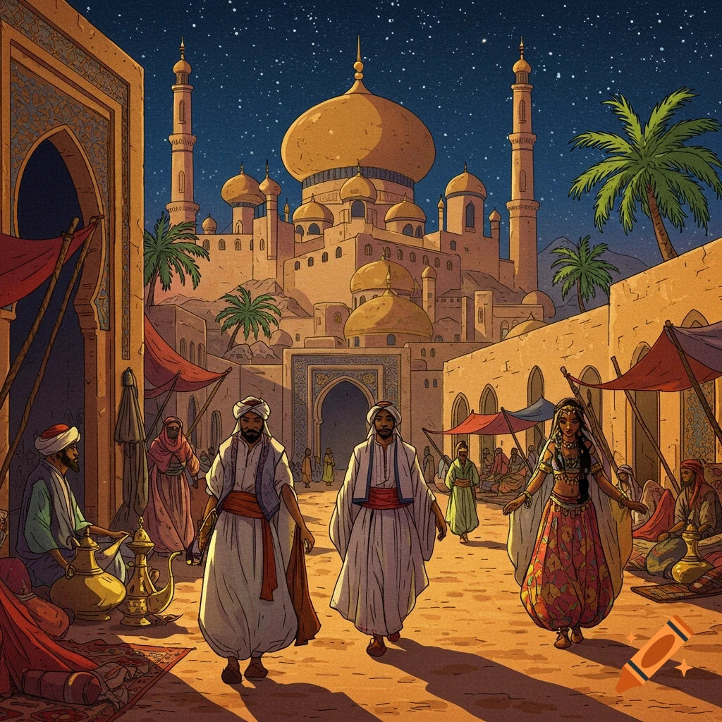 A lively Arabian Nights street scene with people, market stalls, and ornate buildings under a starry sky.