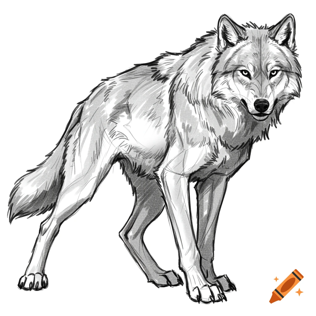 A full-body charcoal sketch of a wolf standing in a dynamic pose.