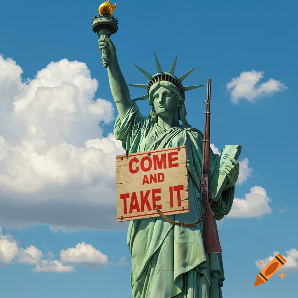 Statue of Liberty holds torch, bears sign 'COME AND TAKE IT', rifle strapped to back.