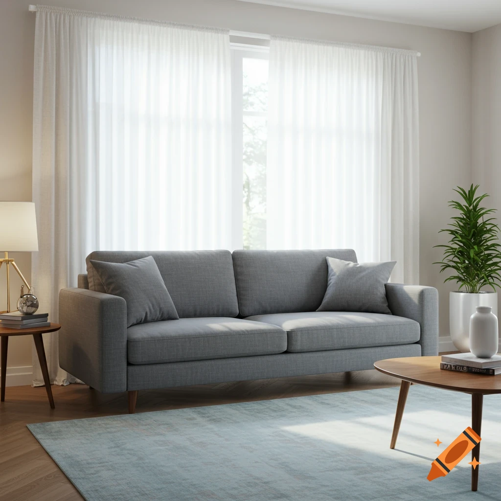 A modern living room with a gray sofa, light blue rug, and wooden tables in natural light.