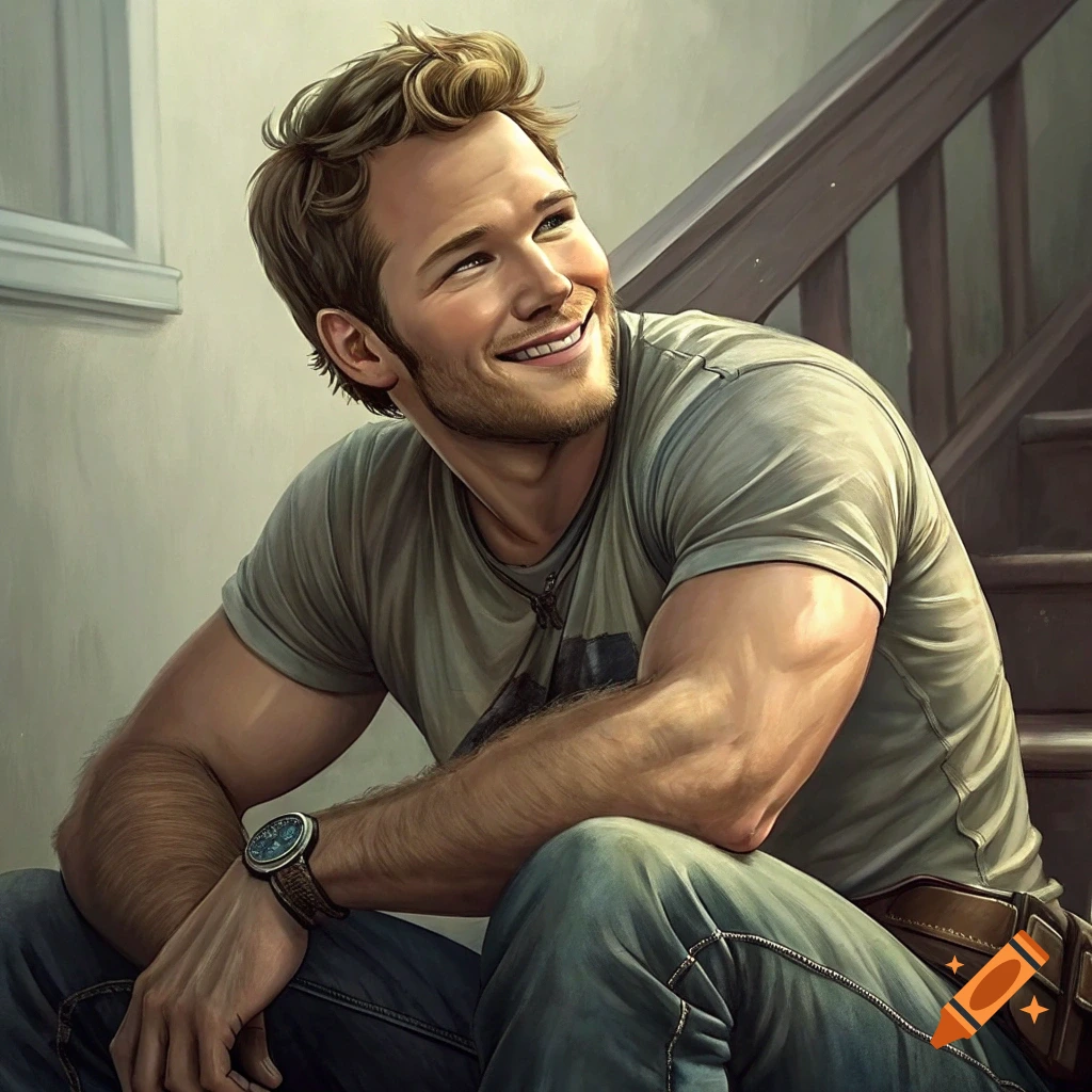 Illustration of a man resembling Chris Pratt sitting on stairs, smiling.