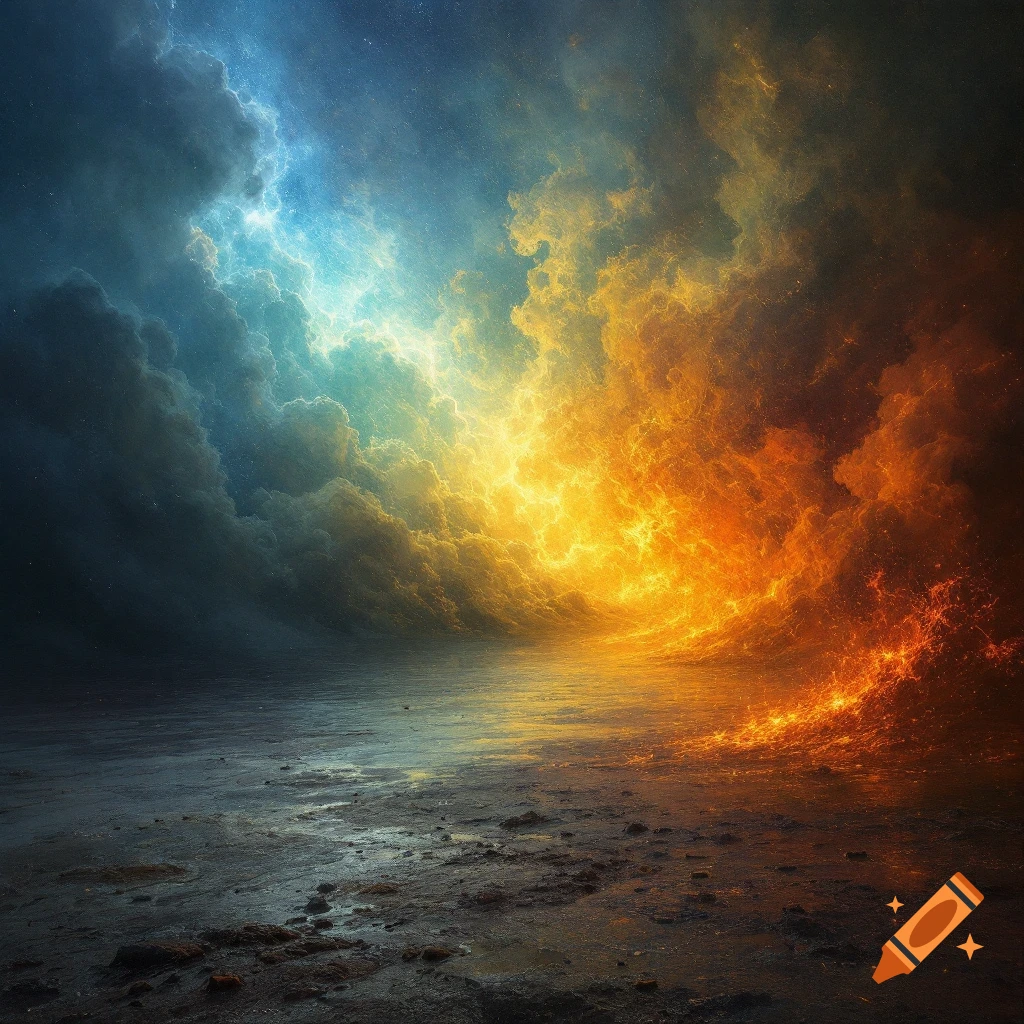A dramatic landscape where dark storm clouds and blue light clash with fiery orange and red energy over a dark, wet ground.