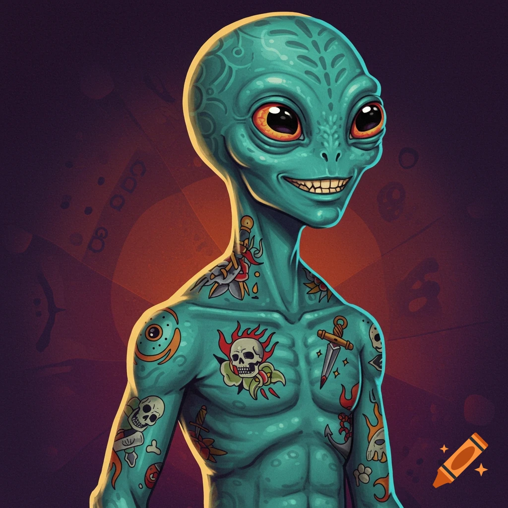 A turquoise alien covered in old school tattoos.
