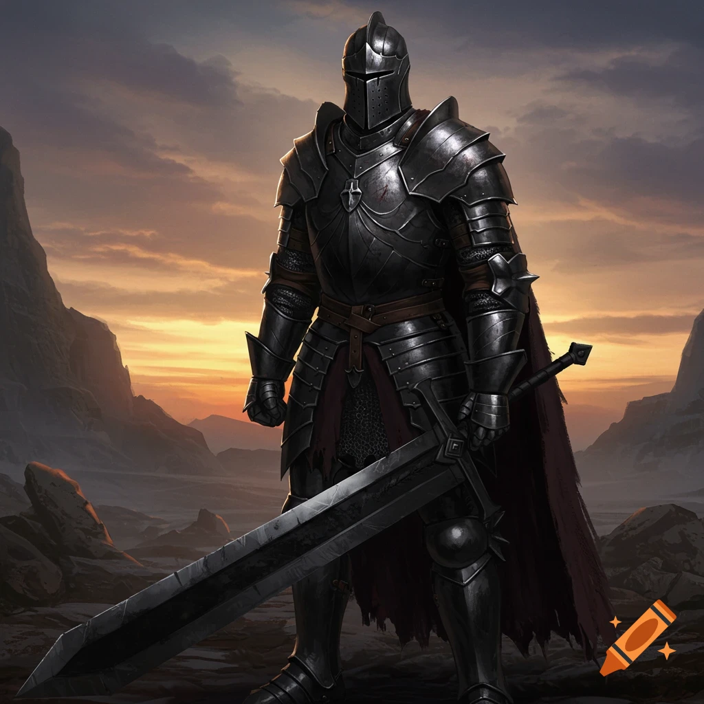 A black knight in dark armor stands in a rocky landscape at sunset, holding a large sword.