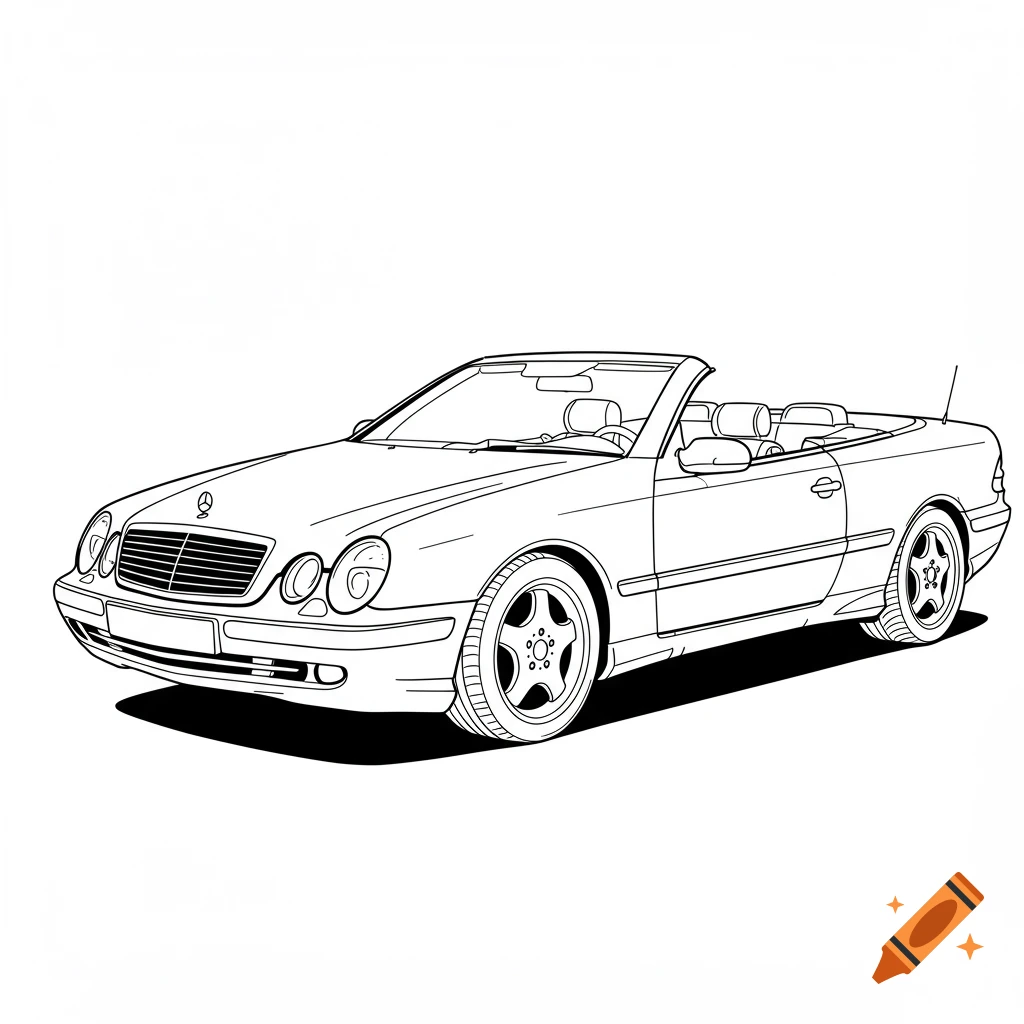 Black and white line drawing of a Mercedes convertible car.