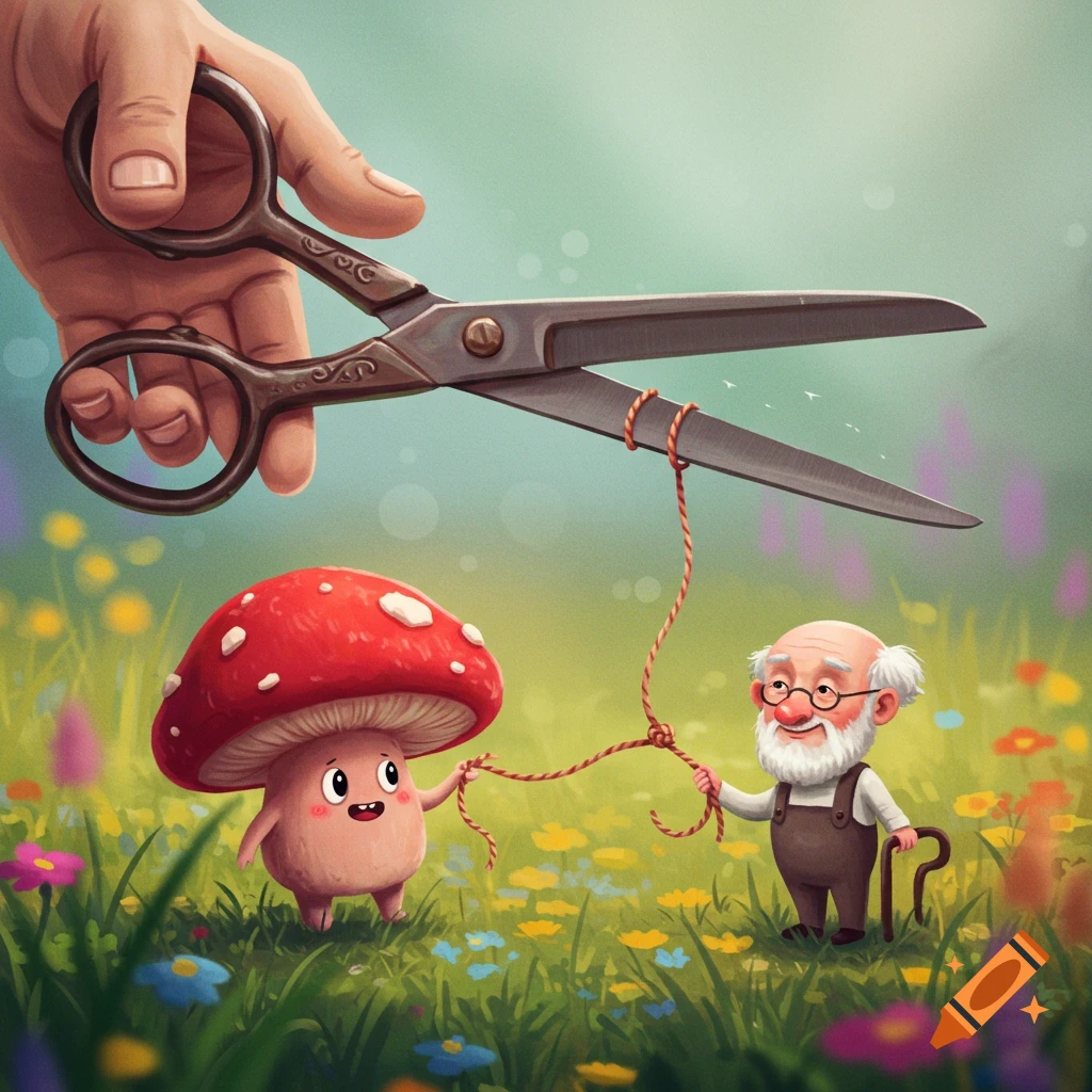Cartoon illustration of a mushroom creature and an old man holding a string while large scissors cut it in a field of flowers.