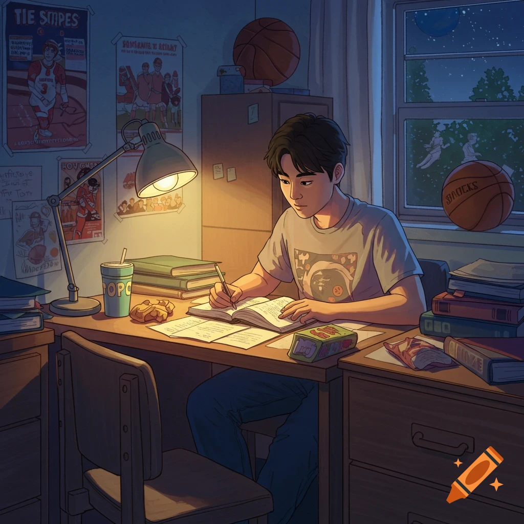 A young man studies at a desk in a dorm room at night in anime style.