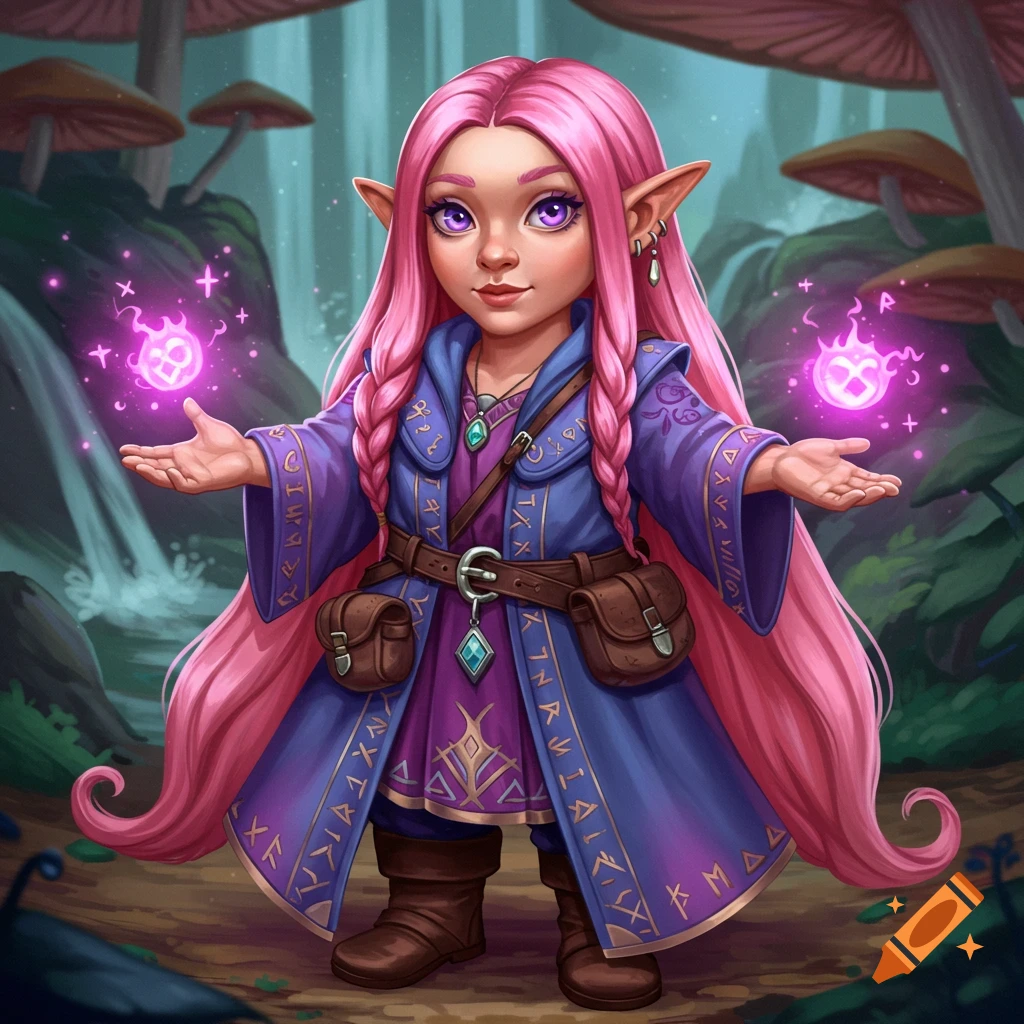 A fantasy gnome wizard with pink hair casting magic in a forest.