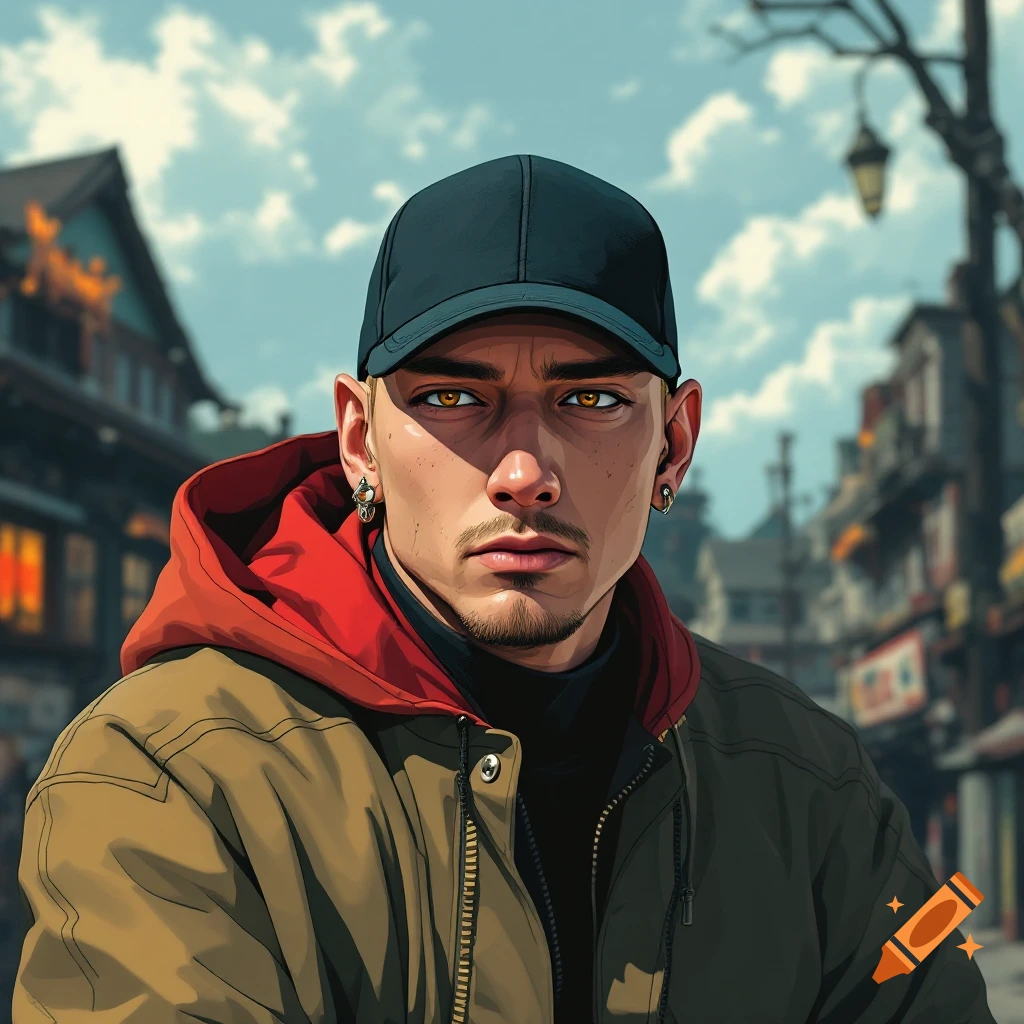 Illustration of a man in a baseball cap and jacket looking intensely