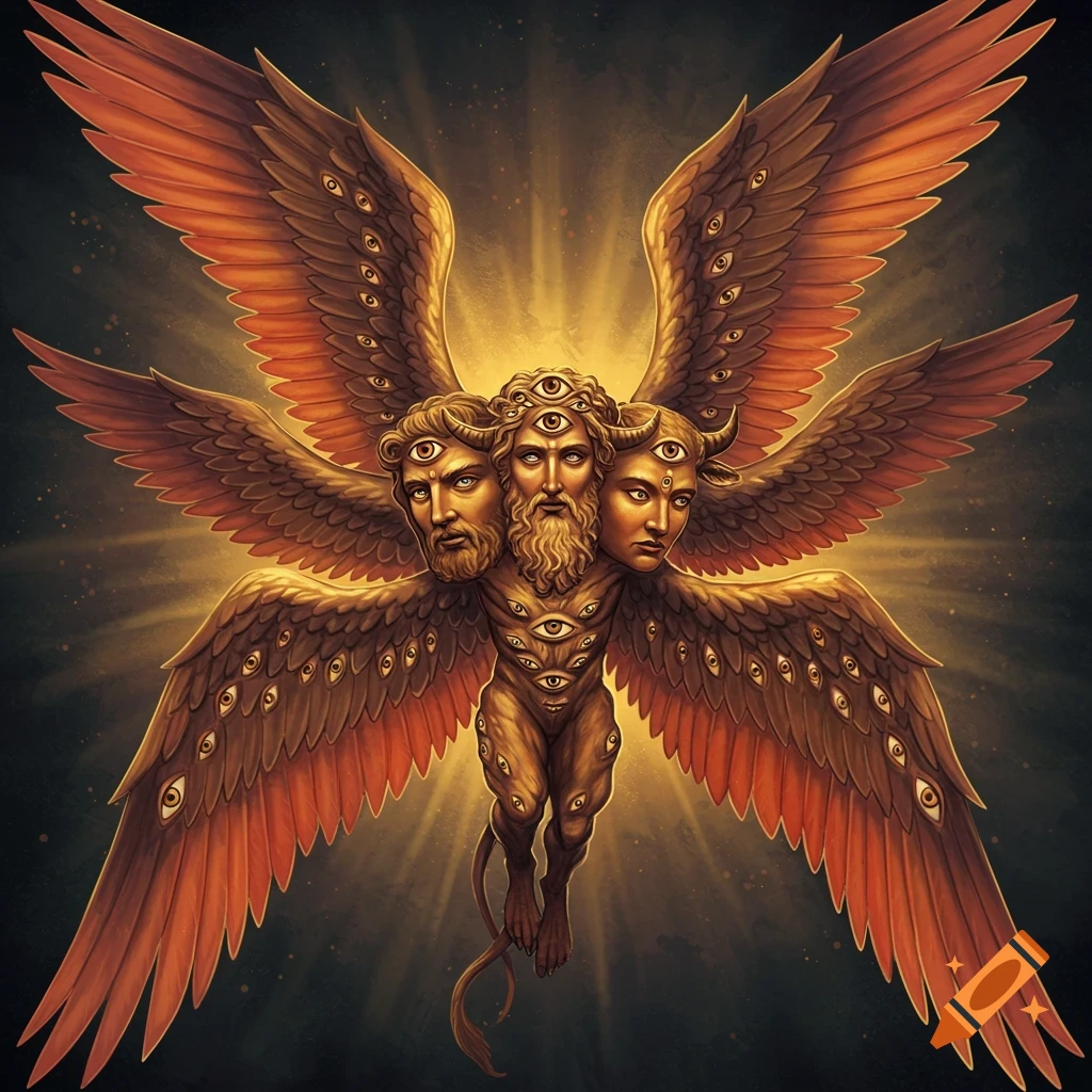 A winged creature with multiple heads and eyes, radiating light.
