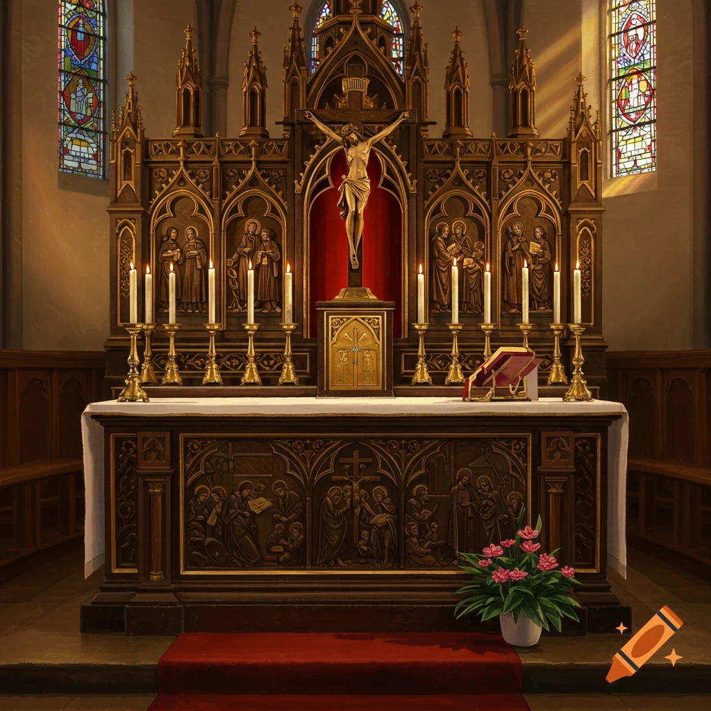 A traditional ornate Catholic Church altar with a crucifix, candles, and stained glass windows.